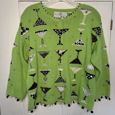 VTG Design Options by Philip Jane Gordon Size Small Green Beaded Martini Sweater