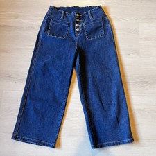 Women's High-Waist Wide-Leg Dark Blue Button Fly Cropped Jeans Size 6 Short