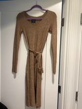 Abercrombie & Fitch Ribbed Knit Tie-Waist Sweater Midi Dress – Camel Brown – XS