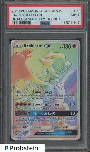 2018 Pokemon Sun & Moon Dragon Majesty Secret #71 FA Reshiram GX PSA 9 MINT