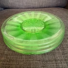 Set of 4 Uranium Glass 6" Depression Glass Plates Saucers Ribbed Sunburst Optic