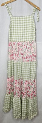 Rachel Zoe Mommy and Me Green Plaid Floral Boho Tired Style Maxi Sundress Size 8