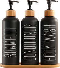 Shampoo and Conditioner Dispenser with Bamboo Pumps  Tray, Perfect for Bathroom