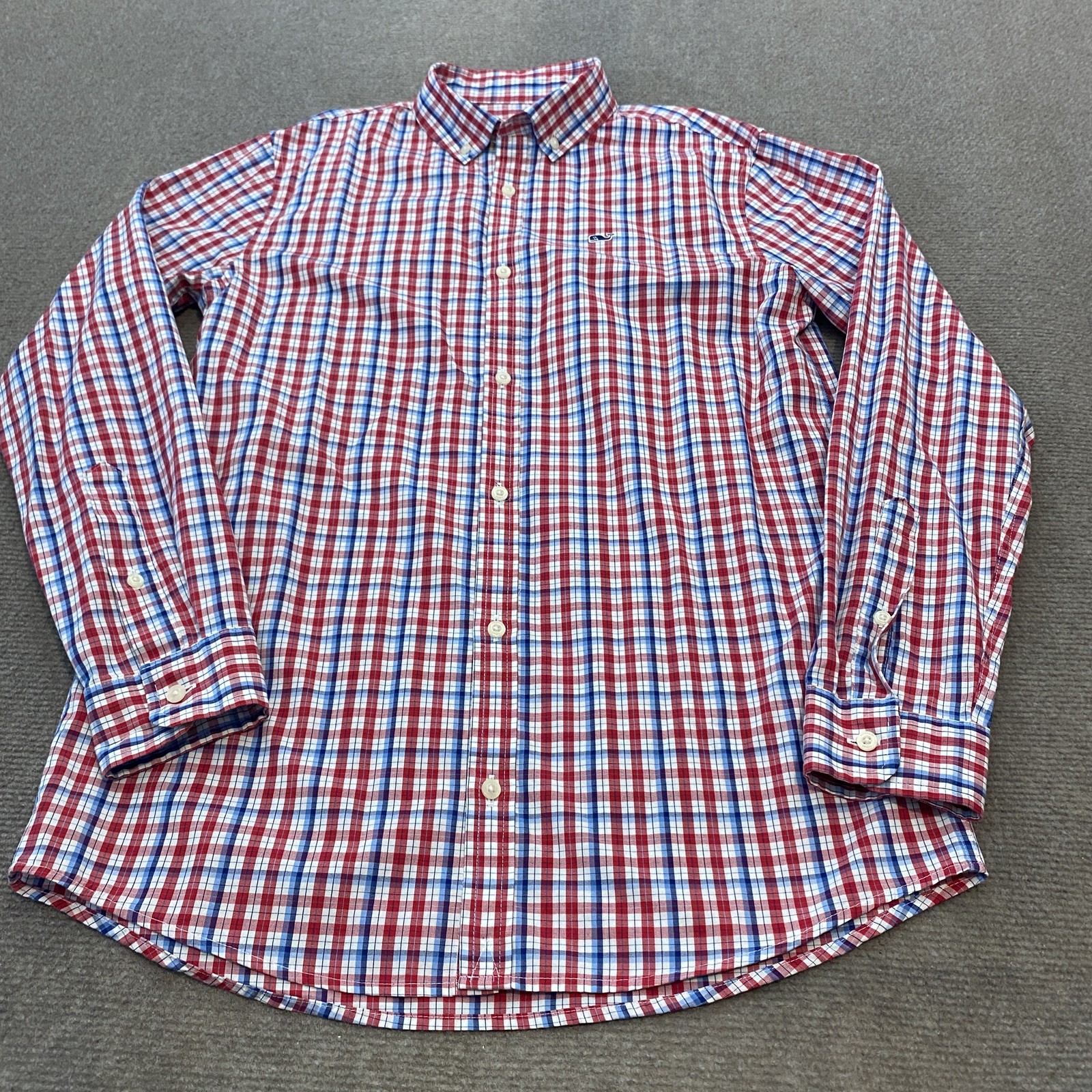 Vineyard Vines Whale Shirt Boys Size Large 16 Blue Red White Plaid Button Down