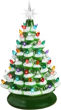15" Ceramic Christmas Tree Pre-Lit Tabletop Holiday Decor, Flocked w/Multicolor