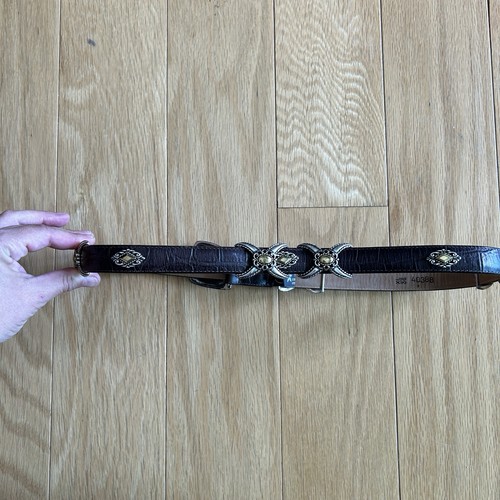 Cinturón de cuero de cocodrilo marrón Brighton vintage plateado dorado detalles de herrajes occidentales - Imagen 6 de 8