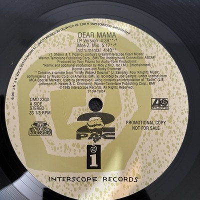 2Pac Dear Mama Vinyl 12'' Single Promo Interscope Records Rap  DMD 2203 12''vinyl 