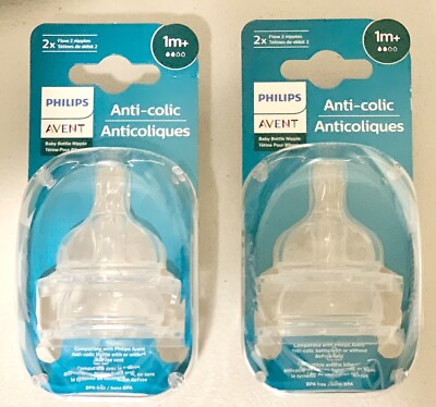 Lot of 2 - Philips Avent ANTI-COLIC Bottle Nipples 2x Flow 1M+ - Total 4 Nipples