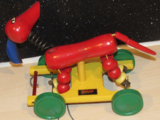 Vintage Brio Sweden Dachshund Dog Red Yellow Wood Bouncing Pull String Toy