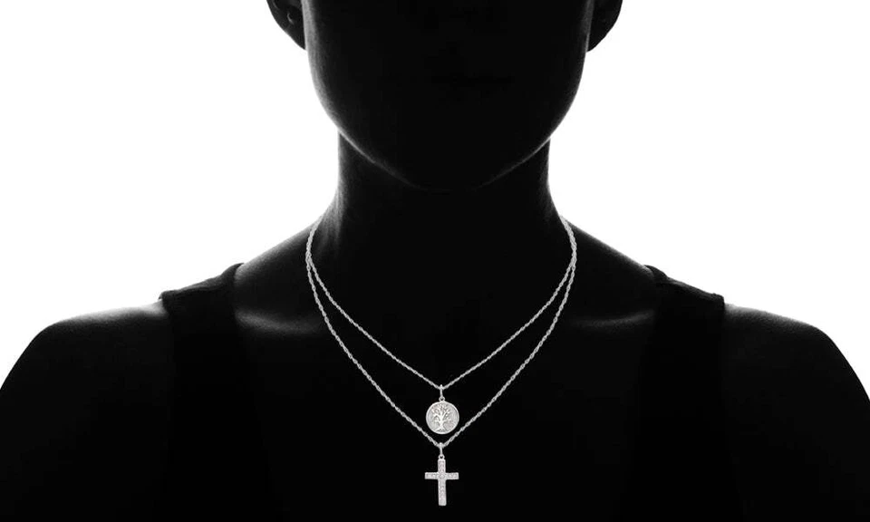 Collar de 1/5 Cttw Diamante Cruz Árbol Doble Hilo 18 Pulgadas Chapado en Rodio Plata Foto 3 de 4