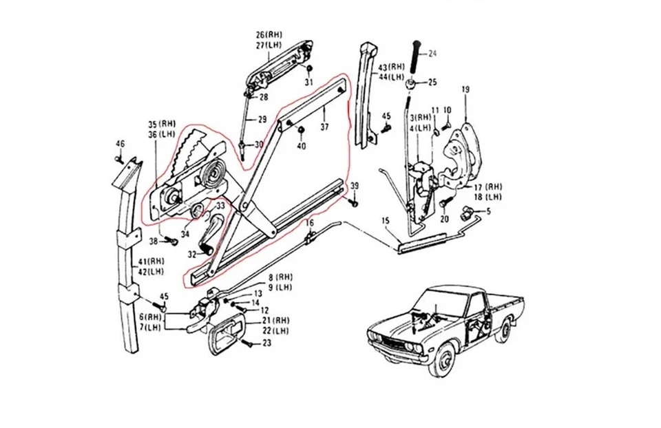 Regulador de ventana FR para camioneta Datsun Nissan 620 1971 1972 1973 1974 - 1979 Foto 2 de 4