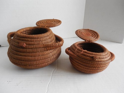 2 x Early 19th Century Papago Pine Needle Woven Coil Lidded Basket - Picture 3 of 22