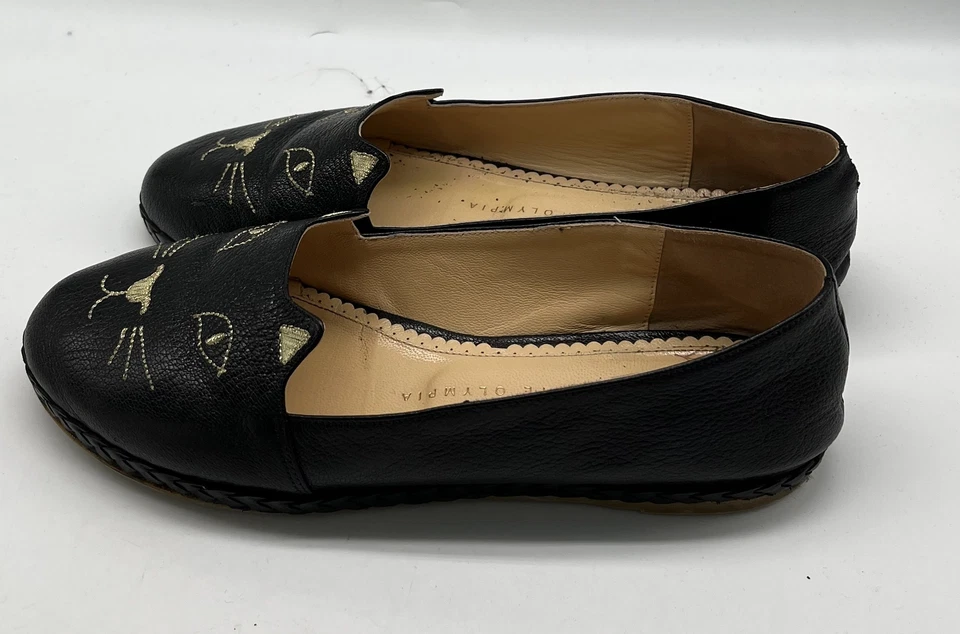 Mocasín Charlotte Olympia Cuero Negro Gatito Alpargata Plano Talla 37 Foto 3 de 4