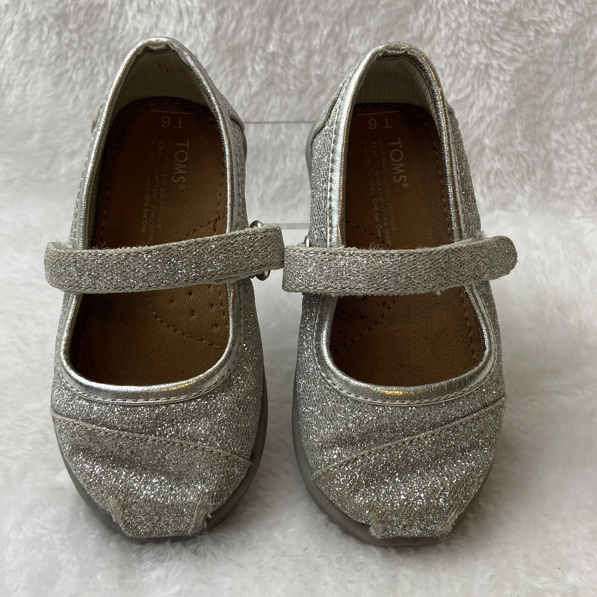 Tiny Toms Silver Glitter Mary Jane Slip On Shoes Girls 6 Adjustable Sparkly