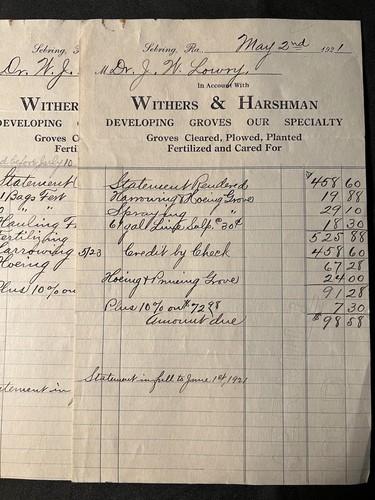 WITHERS & HARSHMAN 1921 Vtg Bill Head Lot of 5 SEBRING FLORIDA Grove Developers - Picture 4 of 7