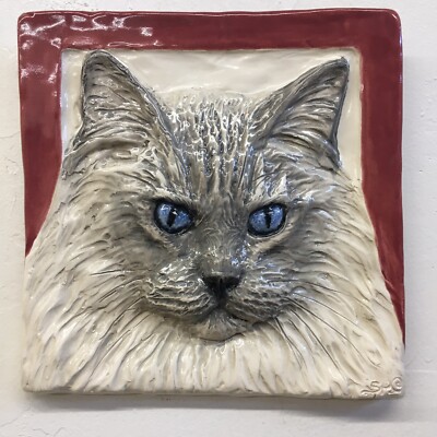 LongHair Cat Ceramic Tile Handmade 3d Pet Portrait Sondra Alexander Art US