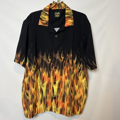 Benny's Black Orange Flames Bowling Retro Colorful Button-up Shirt Men's Small