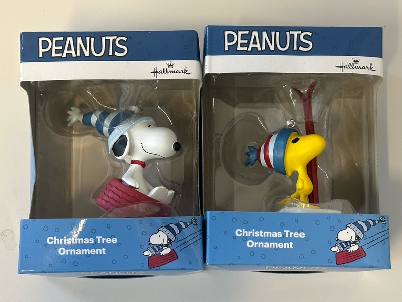 Hallmark Peanuts Christmas Ornaments - Snoopy Sledding In Bowl, Woodstock w skis