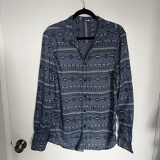 Southwest Aztec Cowboy Print Men's Long Sleeve Button Up Shirt Size M Blue