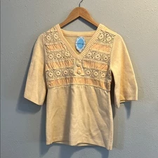 April, May Peach Knit Short Sleeve Sweater Top Lace Inset S