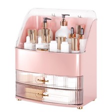 Pink Makeup Organizer Countertop Vanity Transparent Lid Drawers Storage