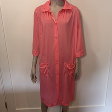 VTG Henson Kickernick Sz L Nylon House Coat Robe Pockets Lace EMB Roses Pink USA