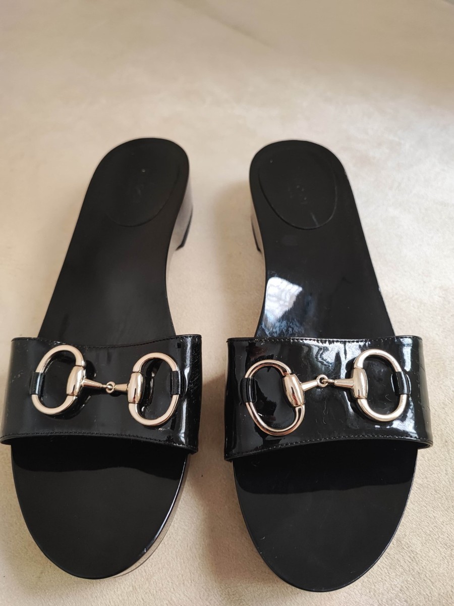 Gucci Black Patent Leather Horsebit Slide Sandals Women's Size 9