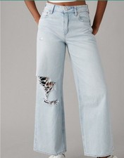 American Eagle Super High Rise Baggy Wide Leg Ankle Jeans Strigid Denim W Sz 8