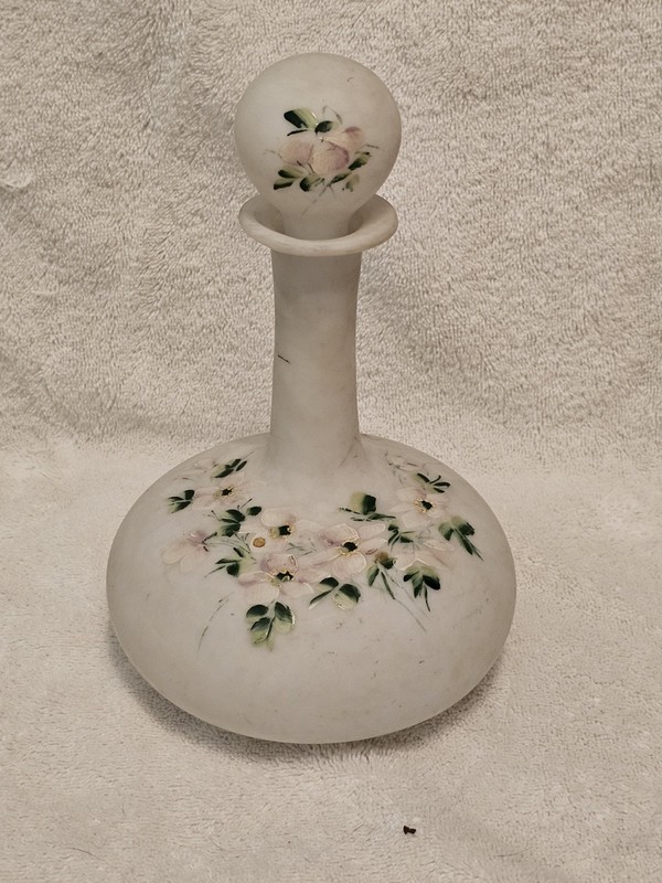 vintage 10" Tall By 6" Wide Victorian-style milk glass decanter