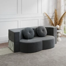 Modern Floor Sofa w 2 Pillows Plush Corduroy Foam-Filled Sleeper Sofa Bed Grey