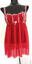 Vtg Victoria's Secret Red Nylon Sheer Milkmaid Babydoll Nightgown Lace Gown M