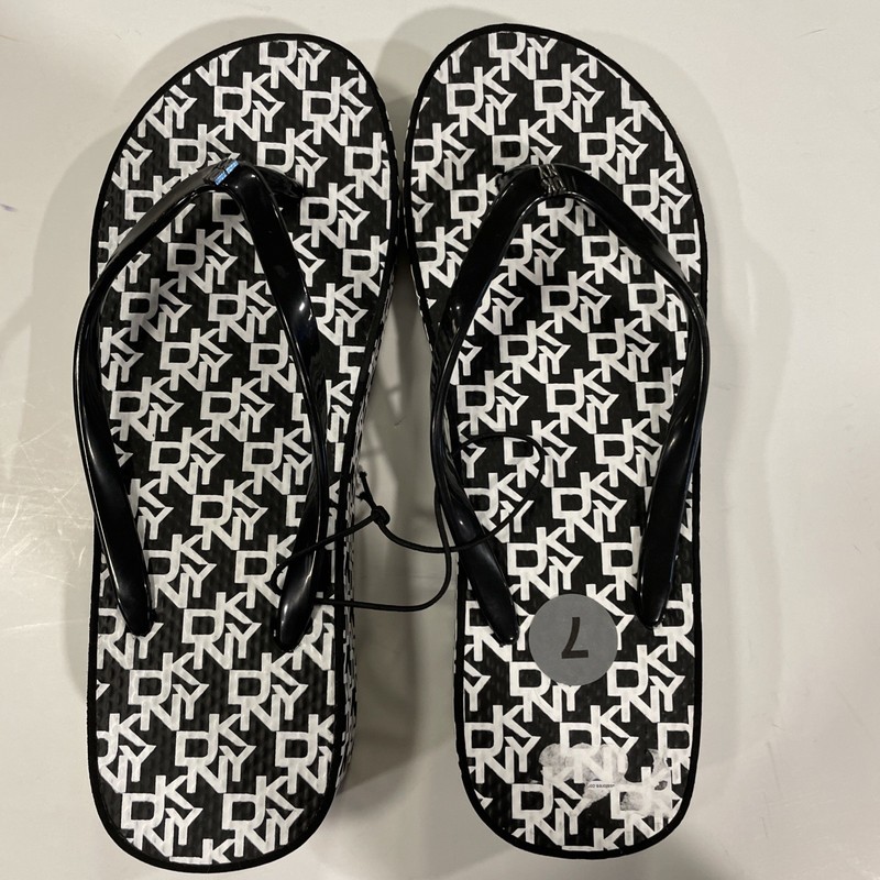 DKNY Women's Flip Wedge Sandals Size 7 Black With White Logo Print