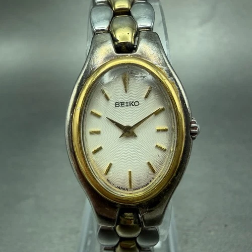 Seiko Watch Women 20mm White Dial Two Tone Oval 1n00-6F80 New Battery Vintage 4F