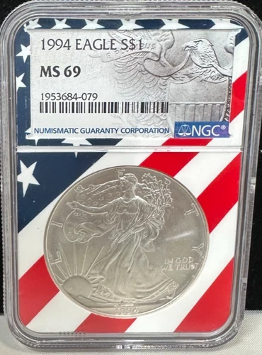 1994 $1 AMERICAN SILVER EAGLE NGC MS69 USA FLAG CORE HOLDER