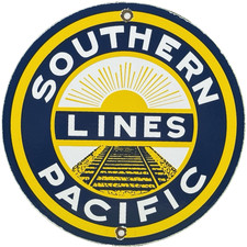 VINTAGE SOUTHERN PACIFIC LINES PORCELAIN SIGN GAS STATION PUMP PLATE OIL TRAIN