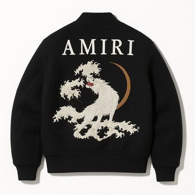 AMIRI Style Black Wool Varsity Jacket | Dragon Embroidery Bomber | Men's Street