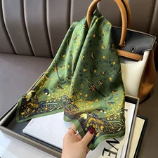 100% Silk Scarf Women Vintage Dark Green Flower Kerchief Headscarf Tied 68*68cm
