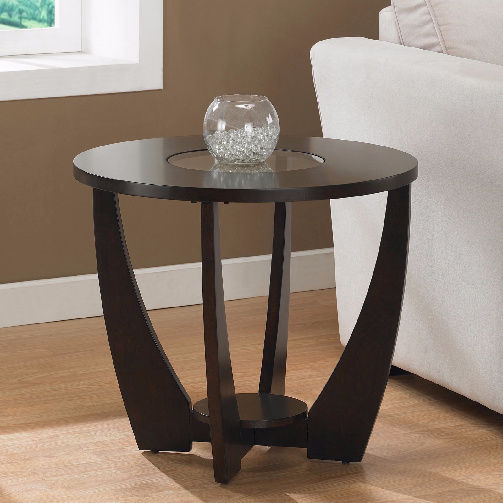 Dark Brown Round End Table with Glass Top Living Room ...