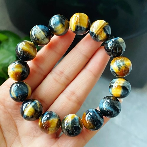 Pulsera de cuentas de cristal ojo de tigre amarillo azul natural de 14 mm AAAA - Imagen 9 de 9