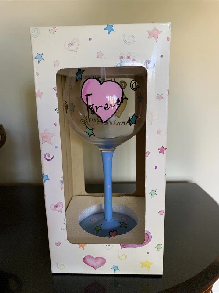 New Hand Painted Happy Anniversary Wine Glass by certified International - Image 2 of 4