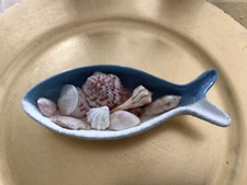 Ceramic Blue and White Fish Shaped Dish Handpicked Sanibel Shells Some In Resin