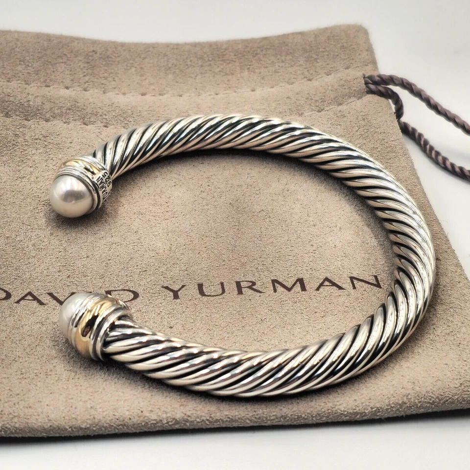 Brazalete David Yurman Plata de Ley 7mm Perla Y Oro 14K Cable Foto 2 de 4