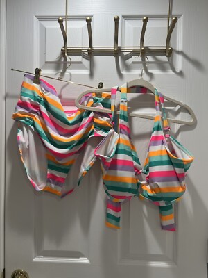 Island Rays Ring Bralette With Bottom Stripped Swimsuit Size 3X Bright Colors