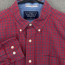 Nautica Button Up Shirt Mens L Large Long Sleeve Red Check Cotton Casual