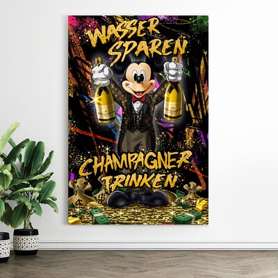 Leinwand Bild - Wandbild XXL MICKEY MOUSE mit Champagner , Luxusmodemarke Kunst