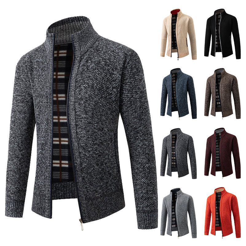 Mens Zip Up Thicken Fleece Lined Cable Knit Cardigan Winter Knitted