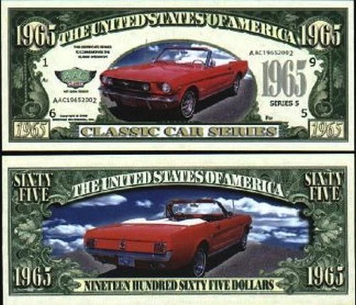 Classic Car 1965 Red Mustang Dollar Bill Funny Money Novelty Note + FREE SLEEVE