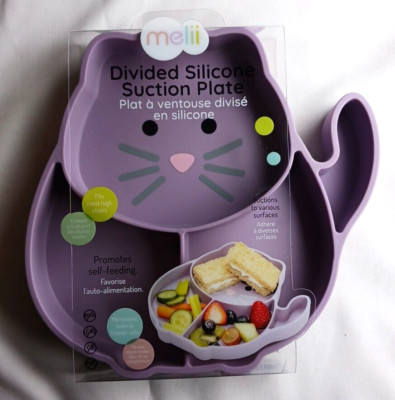 Melii Divided Silicone Suction Plate Purple Cat - Promotes Self Feeding New