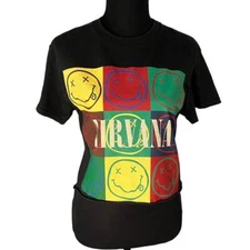 Nirvana Black Multiple Faces Crew Neck Short Sleeve Cropped T-Shirt, Size S