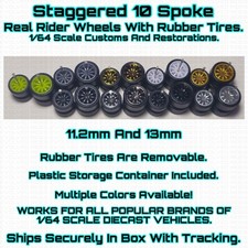 10 Spoke Staggered Real Rider Wheels Rubber Tire For 1/64 Scale Hot